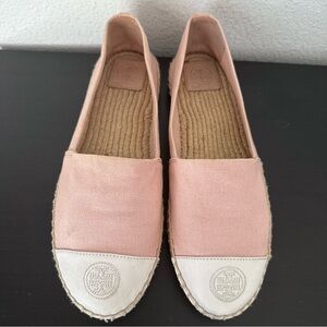 Tory Burch Pink Canvas White Leather Toe Logo Flat Espadrilles Slip on